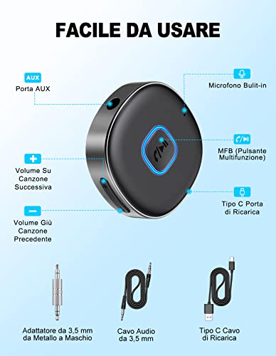 Mohard Ricevitore Bluetooth 5.0, Mini Aux Bluetooth Auto per Stereo/Altoparlante/Cuffie Cablate, Adattatore Bluetooth Auto Jack 3.5 mm, Chiamate in Vivavoce, Connessione Doppia, 16 Ore di Riproduzione