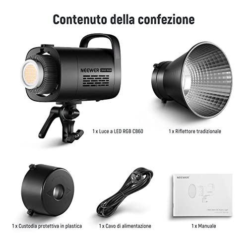 NEEWER CB60 RGB 70W Luce Video LED con Controllo 2,4G/APP Illuminazione Video Continua COB Colore Pieno Attacco Bowens 18000Lux@1m CCT 2700-6500K CRI97+ 17 Effetti per Studio Registrazione Fotografia