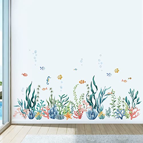 decalmile Adesivi Murali Sotto il Mare Alghe Oceaniche Adesivi da Parete Pesci Marina Baseboard Decorazione Murale Bagno Camerette Bambini Camera da Letto