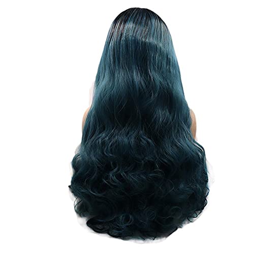 Parrucche lunghe ondulate blu verde pizzo anteriore per donna capelli ombre di colore misto con radici scure parrucca sintetica resistente al calore festa cosplay Halloween uso quotidiano 61 cm