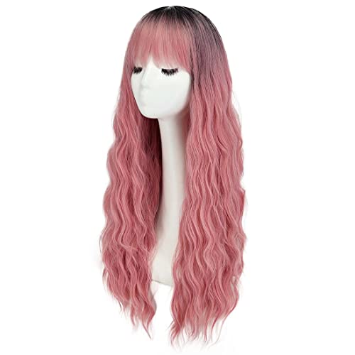 Parrucca rosa con frangia lunga parrucca per donne capelli sintetici uso quotidiano Halloween Cosplay parrucche Onbre rosa DE081C