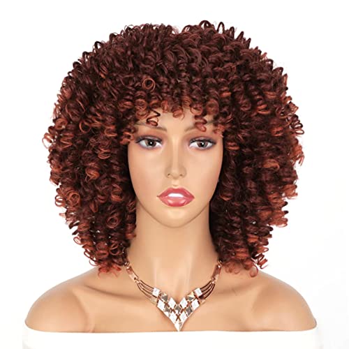 Colorfulpanda Parrucca Afro Riccia per Donne Nere Ombre Arancia Kinky Curly Bob Parrucca crespi capelli sintetici naturali di media lunghezza per costume o uso quotidiano,Colore Misto Rame Rosso