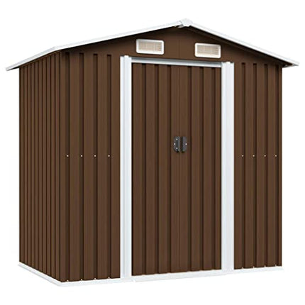 vidaXL Capanno per Attrezzi da Giardino Ventilato Ingresso a Scorrimento Robusto Casetta da Esterno Magazzino Marrone 204x132x186 cm in Acciaio