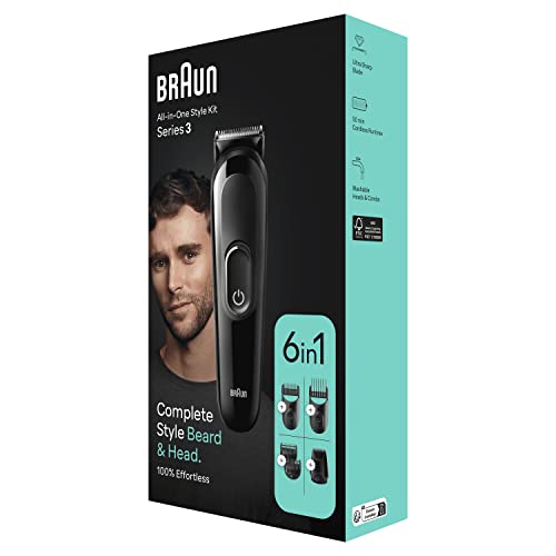 Braun Regolabarba Tagliacapelli Uomo, Rasoio Elettrico Barba e Capelli, 6-In-1 Styling Kit Ideale Per Barba, Capelli, 50 Minuti Di Utilizzo Senza Fili, MGK3420