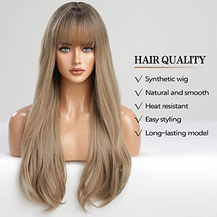 HAIRCUBE Lungo diritto con frange Parrucche per le Donne Natura Resistente al calore Fibra sintetica Parrucche con Pony Cosplay quotidiano (radice scura ombre marrone miele)