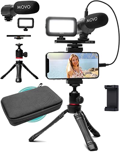 Movo iVlogger Kit para iPhone: Kit de Vlogging compatible con Lightning - Accesorios: Micrófono Direccional, Luz LED, Trípode para teléfono y Soporte para teléfono - Para YouTube o Kit de Vlogging