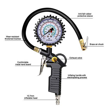 BURNNOVE Manometro per Pneumatici 220PSI Pistola Digitale per Pneumatici e Compressore con 4 Tappi Valvola 2 Ugelli 1 Valvola Francese 1 Stelo di Prolunga in Metallo 90 Gradi
