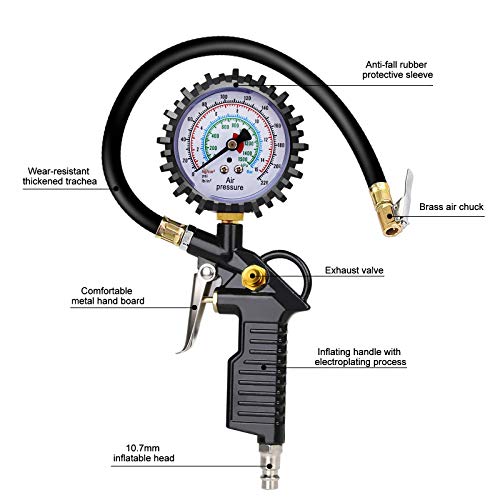 BURNNOVE Manometro per Pneumatici 220PSI Pistola Digitale per Pneumatici e Compressore con 4 Tappi Valvola 2 Ugelli 1 Valvola Francese 1 Stelo di Prolunga in Metallo 90 Gradi