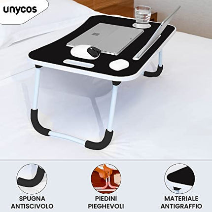 unycos - Scrivania Pieghevole Salvaspazio, Tavolo Pieghevole Multifunzione da Letto, Supporto PC Portatile, Vassoio da Letto Resistente, Facile da Riporre 60cm x 40cm x 26cm (Nessun Cassetto)