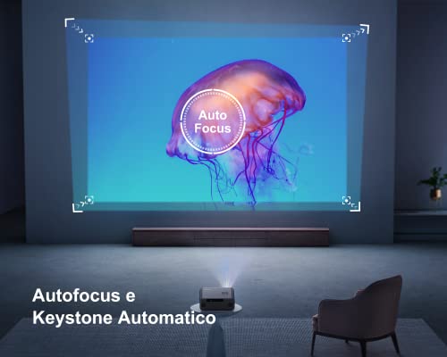 【Auto Focus/Keystone】 Proiettore WiFi Bluetooth 550 Ansi 1080P Nativo Full HD, WiMiUS Proiettore 4K Supporta con Funzione Zoom Videoproiettore WiFi6 Home Cinema per Telefono/TV Stick/PS5 HDMI AV USB