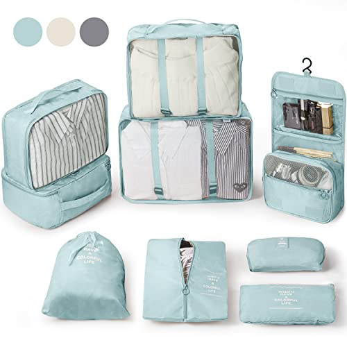 Rieeyrslza Organizer Valigie Set di 9 Essential Organizer Borse da Viaggio Sistema di Cubo di Viaggio Organizzatori Cubi per Luggage Include Cosmetici Abbigliamento Calzature Set da Viaggio (Azzurro)