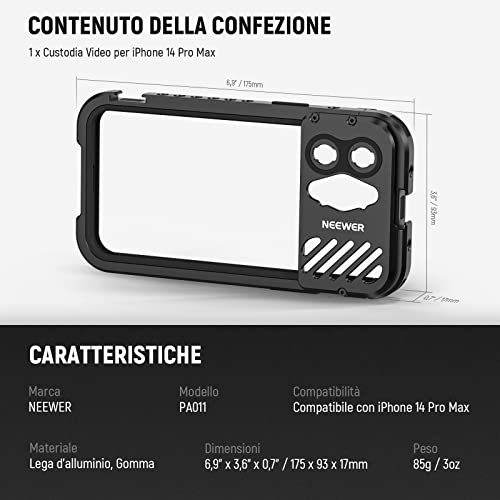 NEEWER Gabbia Video per iPhone 14 Pro Max con Slitte Fredde, Attacco per Treppiede da 1/4", Stabilizzatore per Smartphone in Alluminio per Telefoni Compatibile on Attacco per Obiettivo Moment, PA011