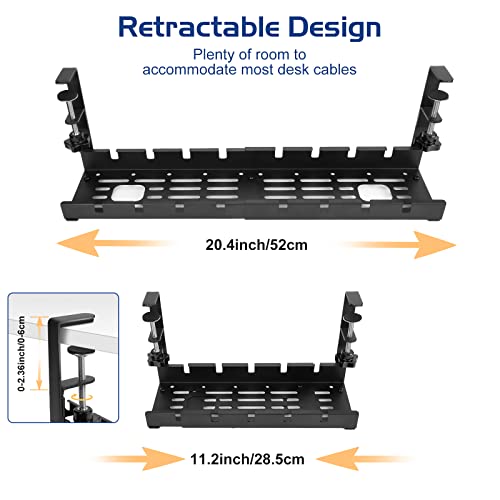 WADEO Gestione dei cavi retrattile sotto il vassoio da scrivania, senza trapano sotto il kit di gestione dei cavi da scrivania 29-52 cm, vassoio di gestione dei cavi con accessori completi
