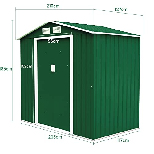 COSTWAY Casetta da Giardino in Acciaio 2,7㎡, con Base, Porte Scorrevoli, Maniglie, Sfoghi e Tettoia, Capanno da Esterno per Giardino, Fattoria e Cortile, 213 x 127 x 185 cm (Verde Scuro)