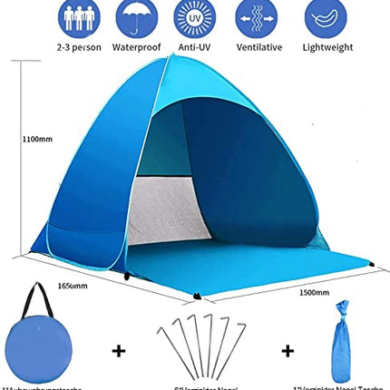 Miconi Tenda da Spiaggia Mare Pop Up Portatile con Protezione Solare UPF 50+ per 1-3 Persone, Leggera e Facile da trasportare, per Vacanza, Campeggio Viaggi Giardino(165*150*110) cm