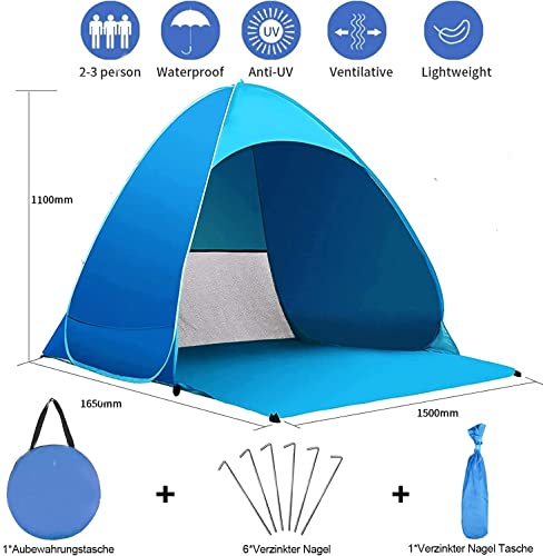 Miconi Tenda da Spiaggia Mare Pop Up Portatile con Protezione Solare UPF 50+ per 1-3 Persone, Leggera e Facile da trasportare, per Vacanza, Campeggio Viaggi Giardino(165*150*110) cm