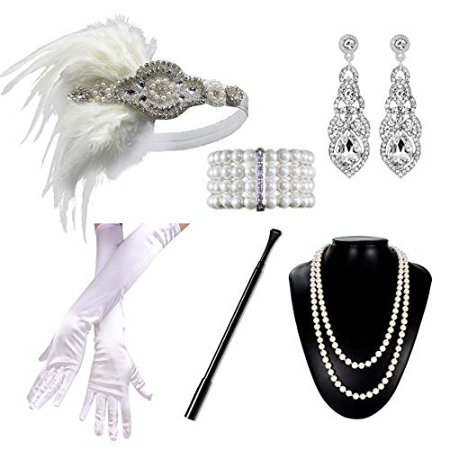 JaosWish Set Accessori Anni'20 Donna Flapper per la Festa Set di 1920s Gatsby Stile Vintage Kit Charleston Accessori con Fascia, Collona, Guanti, Portasigarette