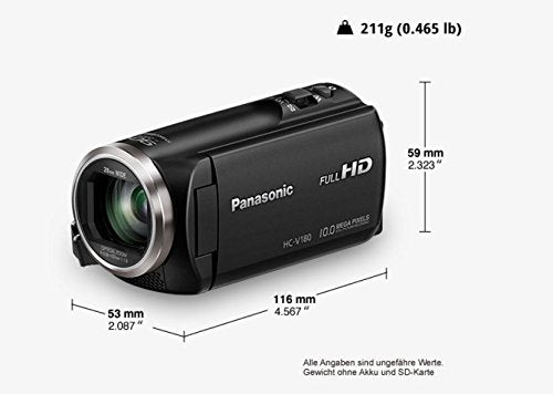 Panasonic HC-V180EG-K Videocamera Full HD (sensore da 1/5, 8 pollici, Full HD, zoom ottico 50x, grandangolo da 28 mm, stabilizzatore d'immagine a 5 assi opzionale OIS ibrido +) nero