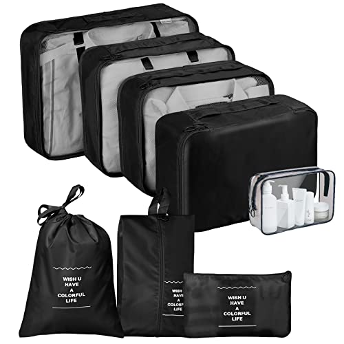 TENXSNUG Organizer Valigie Viaggio, 8 Pezzi Travel Organizer Packing Cubes Leggero Organizzatore Valigia Cubi di Imballaggio Cubo di Viaggio per i Vestiti, Scarpe, Intimo, Nero