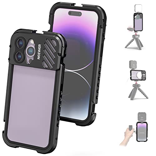 NEEWER Gabbia Video per iPhone 14 Pro Max con Slitte Fredde, Attacco per Treppiede da 1/4", Stabilizzatore per Smartphone in Alluminio per Telefoni Compatibile on Attacco per Obiettivo Moment, PA011