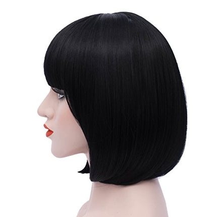 Mildiso Parrucche corte per capelli neri Bob dritto con frangia piatta sintetico colorato Cosplay quotidiano parrucca per le donne naturali come i capelli umani 12 pollici 002A