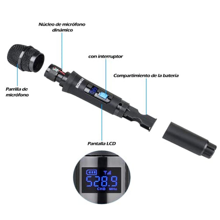 BOMGE Sistema di microfoni wireless, Pro 4 canali cordless set con quattro microfoni portatili, frequenza fissa, lunga autonomia 60 m, ideale per chiesa, karaoke, eventi