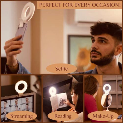 Luce Per Videoconferenza, Selfie Ring Light Mini, Lampada Ricaricabile ad Anello con 60 Led, 3 Tonalità di Luce e Clip da 3,5cm per Telefono, Accessorio Utile per Video, Foto, TikTok, Trucco