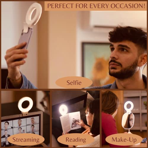 TiNiSil Luce Per Videoconferenza, Selfie Ring Light Mini, Lampada Ricaricabile ad Anello con 60 Led, 3 Tonalità di Luce e Clip da 3,5cm per Telefono, Accessorio Utile per Video, Foto, TikTok, Trucco