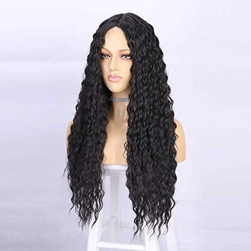 Parrucca riccioli neri per le donne ondulate lunghe parrucche anteriori in pizzo sintetico 130% densità naturale Wig Afro donne peruzzi DE067A