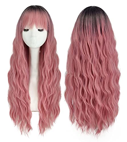 Parrucca rosa con frangia lunga parrucca per donne capelli sintetici uso quotidiano Halloween Cosplay parrucche Onbre rosa DE081C