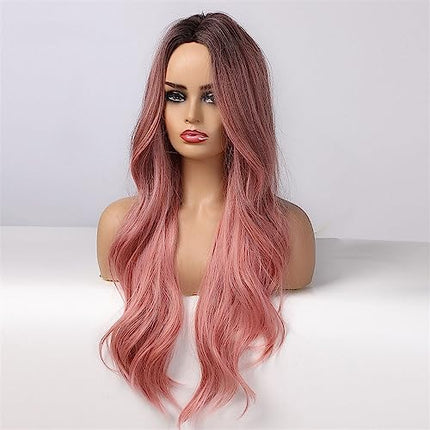 Parrucca da Donna Onda del corpo lunga Ombre Nero Rosa Parrucche Cosplay Parrucche sintetiche resistenti al calore Parte centrale Parrucche Lolita naturali for donna Parrucche wig