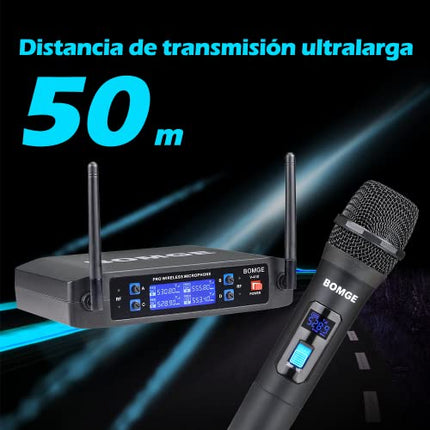 BOMGE Sistema di microfoni wireless, Pro 4 canali cordless set con quattro microfoni portatili, frequenza fissa, lunga autonomia 60 m, ideale per chiesa, karaoke, eventi
