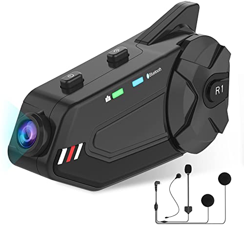 OBEST Moto Bluetooth Interfono, Casco da moto, con 1080P, fotocamera, 1000 m, 6 Riders Group Intercom impermeabile, con scheda FM/Bluetooth 5.0/64G TF/2 in 1 Microfono