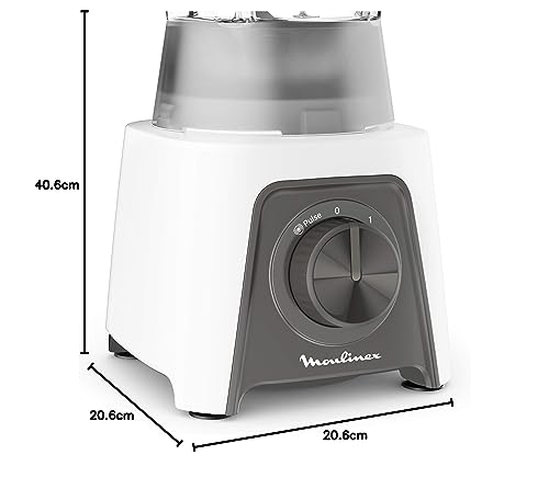 Moulinex LM2C0110 Blendeo + Frullatore Elettrico, 450 W, 1.5 L, Tritatutto con 2 Velocità e Funzione Pulse, Blender Frullato e con Funzione Tritaghiaccio, Etichetta Duraforce e Tappo Dosatore, Bianco