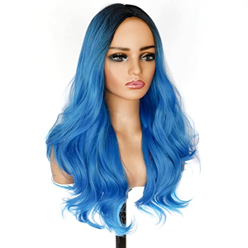 PORSMEER Parrucche lunghe ondulate per donne parrucche sintetiche per capelli ricci, in fibra resistente al calore, naturale Ombre blu parrucche per donna 65 cm