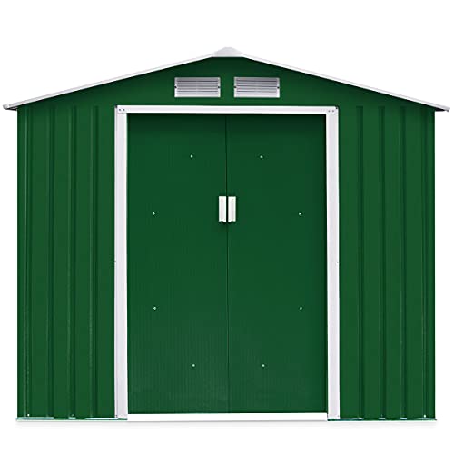 COSTWAY Casetta da Giardino in Acciaio 2,7㎡, con Base, Porte Scorrevoli, Maniglie, Sfoghi e Tettoia, Capanno da Esterno per Giardino, Fattoria e Cortile, 213 x 127 x 185 cm (Verde Scuro)