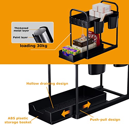 Organizer Sottolavello Cucina 2 Livelli, Organizzatore Sotto il Lavandino con 2 Maniglie, Scorrevole Scaffale Portaoggetti con 4 Ganci e 2 Tazza Appesa, Estraibile Cassetti per Bagno (Nero-2Pezzi)