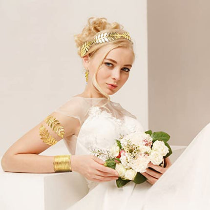 5 Pezzi Corona Della Dea Oro, Foglia Corona Capelli Accessori da sposa, Dea Greca Costume Accessori Braccialetto Orecchini Copricapo per Donne in Festa di Nozze Uso Quotidiano di Halloween