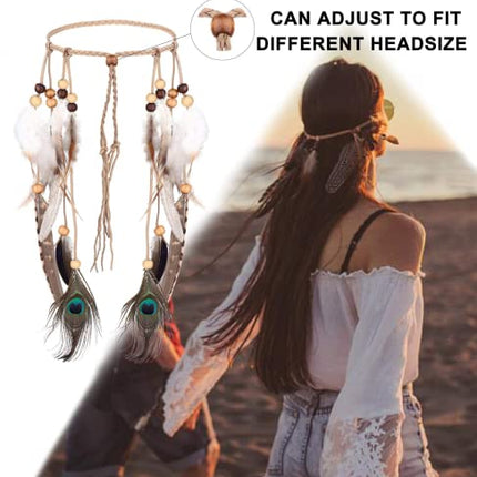 LOLIAS 4 Pezzi Copricapo Boho Indiano Set Collana Pelle Orecchini Piume Per Donna Braccialetto Fatto Mano Vintage Hippie Tribale Festa Tema Carnevale Gioielli
