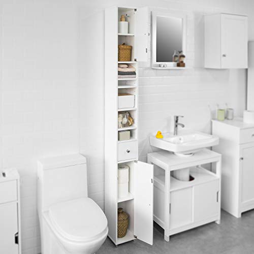 SoBuy Armadio Colonna bagno, Mobile bagno alto con 2 Ante e 1 cassetto altezza: 180 cm BZR34-W IT