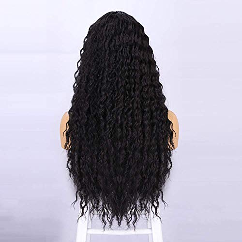 Parrucca riccioli neri per le donne ondulate lunghe parrucche anteriori in pizzo sintetico 130% densità naturale Wig Afro donne peruzzi DE067A