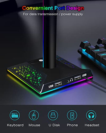 Porta Cuffie Gaming Accessori RGB LED Supporto Cuffie da Gioco con 2 Porte USB, Stand Cuffie Reggi Cuffie da Scrivania PC Gamer Headset Stand, Nero