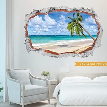 HPNIUB Spiaggia di Palme Adesivo da parete,90x60cm Adesivi da parete Effetto 3d,Adesivi Murali Rotto per Soggiorno,3D Palma Parete Muro,Paesaggio Decalcomanie per Camera da Letto Cameretta Decor