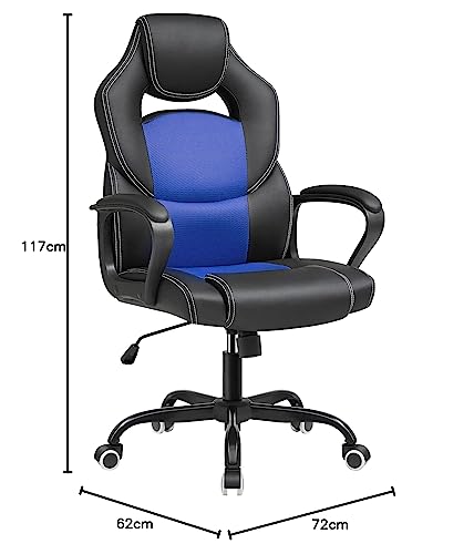 SONGMICS Sedia da Ufficio, Sedia da Gaming Ergonomica, Meccanismo Oscillante, Altezza Regolabile, Sedia da Scrivania per i Sedentari, Traspirante, Nero e Blu OBG025Q01