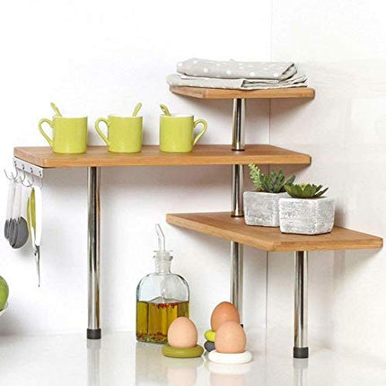 BAKAJI Mensola Scaffale Angolare per Cucina 3 Ripiani Legno Bambù Struttura in Acciaio Mobile Angolare Portaspezie Portaoggetti con Ganci (Naturale)