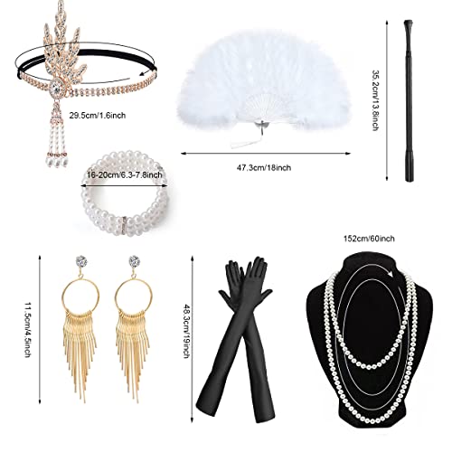 LOMUG Set di accessori per costume da donna anni '20, accessorio per costume anni '20, costume da donna con copricapo, guanti, orecchini, collane, bracciali, fan per balli di fine anno decorazione set