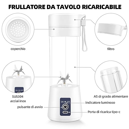 Mini frullatore portatile - 380ML Frullatore Portatile con 6 Lame in Acciaio Inox - Mini frullatori di succo elettrico USB per viaggi, cucina - Frullatore Portatile Ricaricabile per Frullati