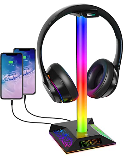 Hcman Porta Cuffie Gaming Accessori RGB LED Supporto Cuffie da Gioco con 2 Porte USB, Stand Cuffie Reggi Cuffie da Scrivania PC Gamer Headset Stand, Nero