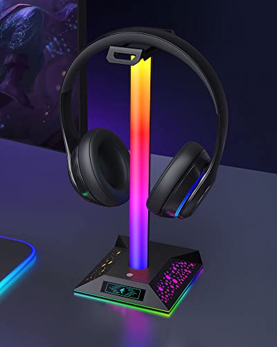 Hcman Porta Cuffie Gaming Accessori RGB LED Supporto Cuffie da Gioco con 2 Porte USB, Stand Cuffie Reggi Cuffie da Scrivania PC Gamer Headset Stand, Nero