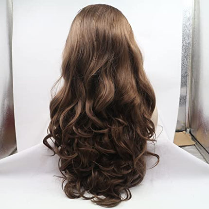 6# Parrucca ondulata di colore marrone scuro, resistente al calore, in tinta unita, parrucca sintetica con pizzo frontale per travestiti, da donna, adatta per matrimoni, 56 cm
